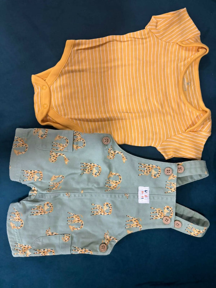 MOTHERCARE Printed Dungarees with Striped Bodysuit