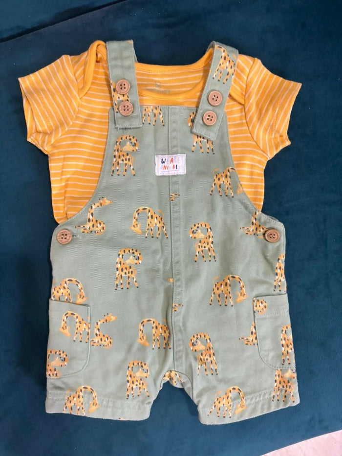 MOTHERCARE Printed Dungarees with Striped Bodysuit
