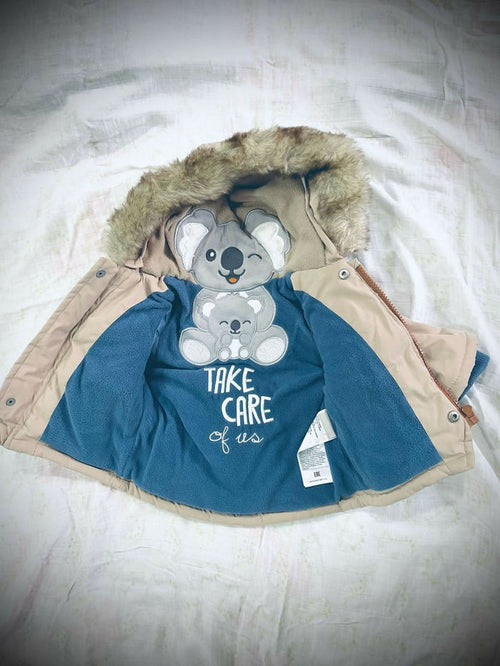 Beige Furry Hooded Jacket with Teddy Inside – Super soft, warm, and perfect for chilly cuddles.