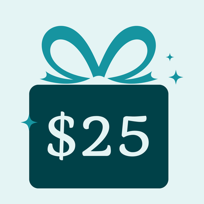 Graphic of a gift with a teal bow and '$25' text on a light blue background