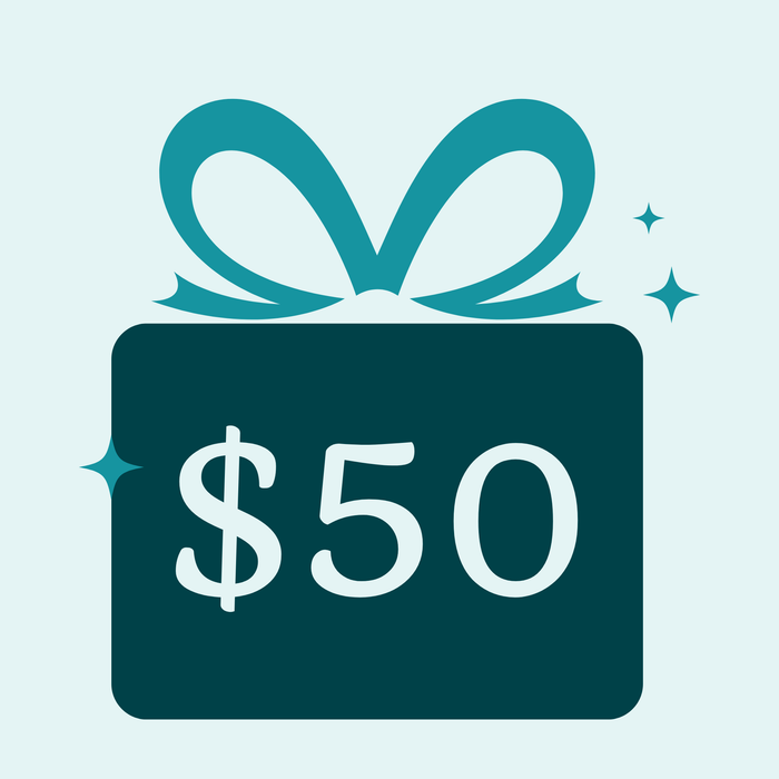 Graphic of a gift with a teal bow and '$50' text on a light blue background