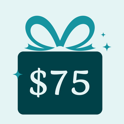 Graphic of a gift with a teal bow and '$75' text on a light blue background