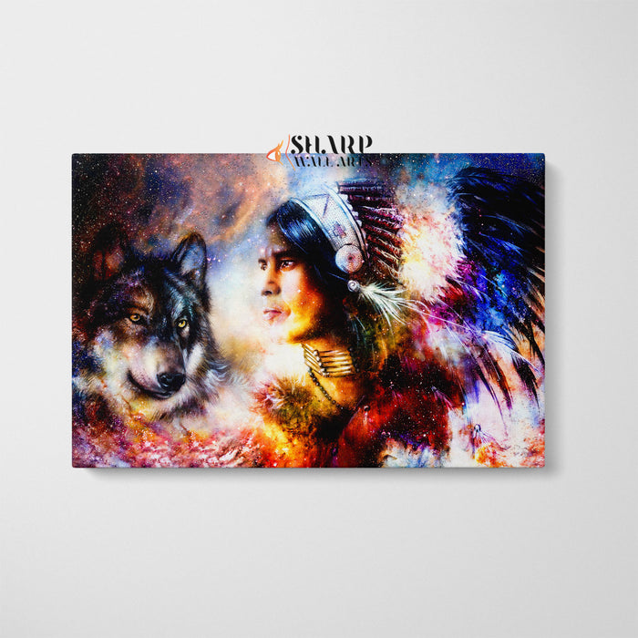 Native American Indian Chief And Wolf Canvas Wall Art