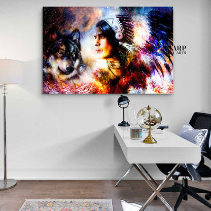 Native American Indian Chief And Wolf Canvas Wall Art