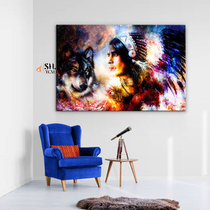 Native American Indian Chief And Wolf Canvas Wall Art