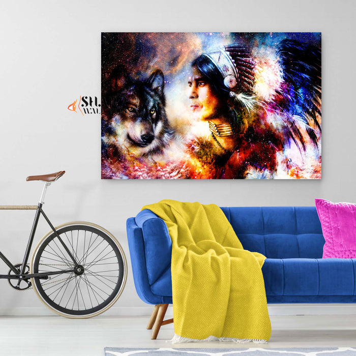Native American Indian Chief And Wolf Canvas Wall Art