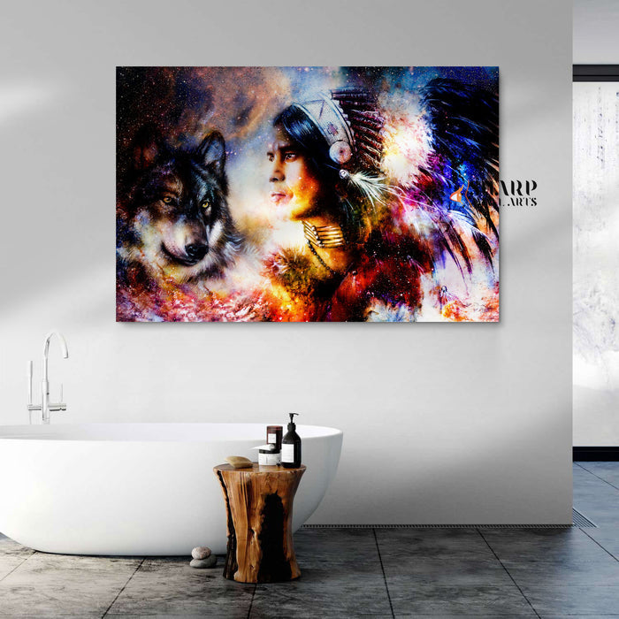 Native American Indian Chief And Wolf Canvas Wall Art