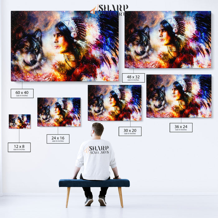 Native American Indian Chief And Wolf Canvas Wall Art