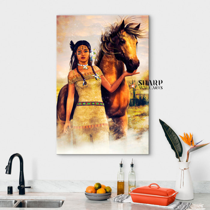 Native American Tribal Woman With Horse Canvas Wall Art