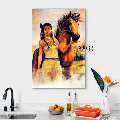 Native American Tribal Woman With Horse Canvas Wall Art