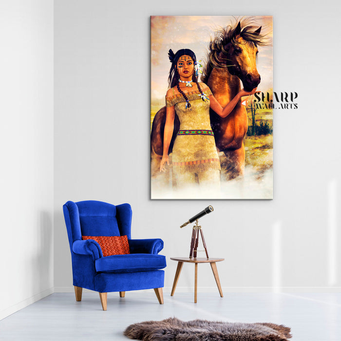 Native American Tribal Woman With Horse Canvas Wall Art