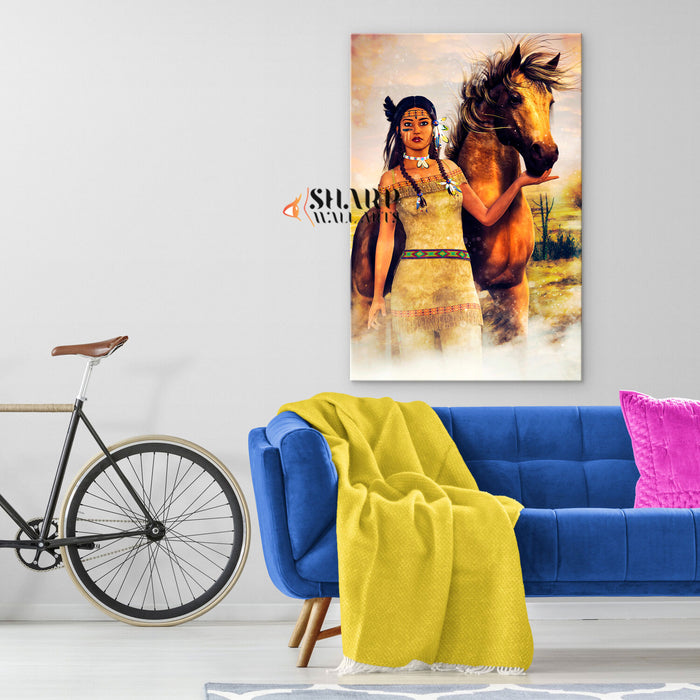 Native American Tribal Woman With Horse Canvas Wall Art