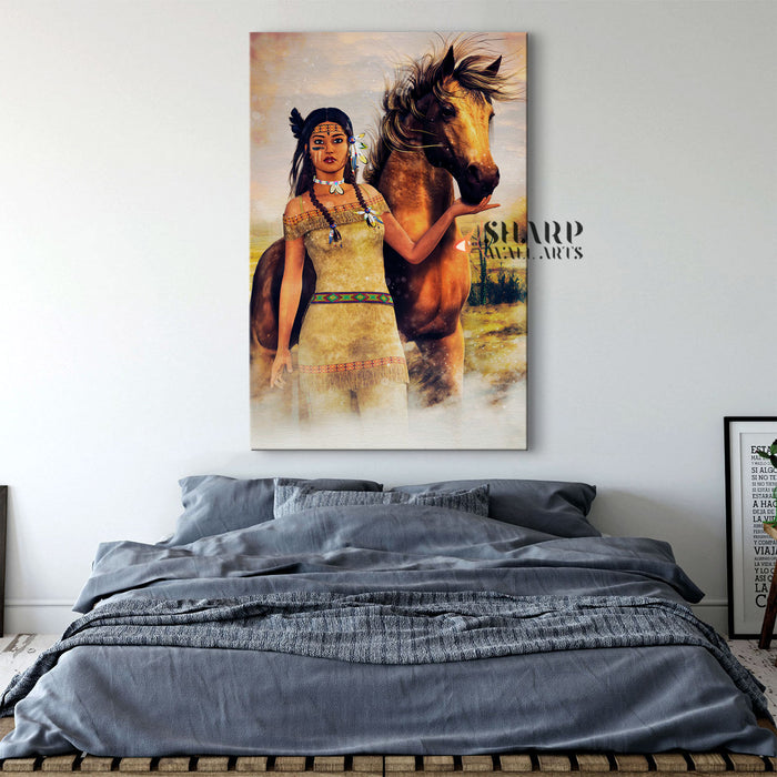 Native American Tribal Woman With Horse Canvas Wall Art