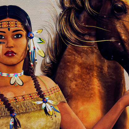 Native American Tribal Woman With Horse Canvas Wall Art