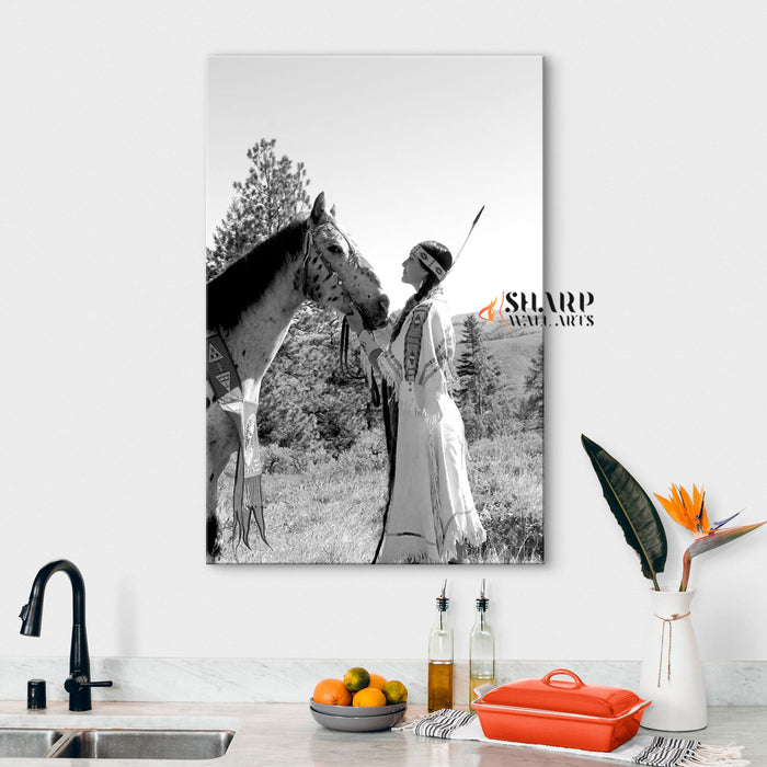 Native American Woman With Horse Vintage Canvas Wall Art