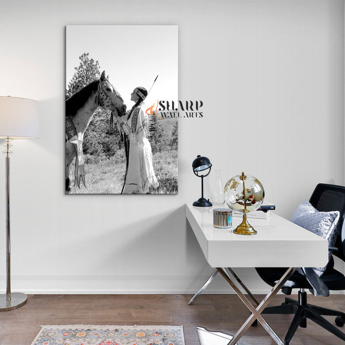 Native American Woman With Horse Vintage Canvas Wall Art