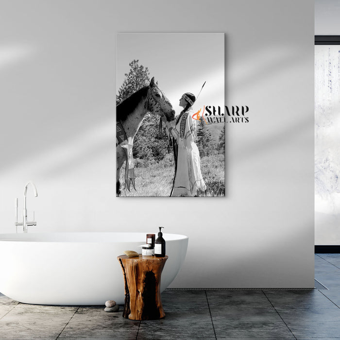 Native American Woman With Horse Vintage Canvas Wall Art