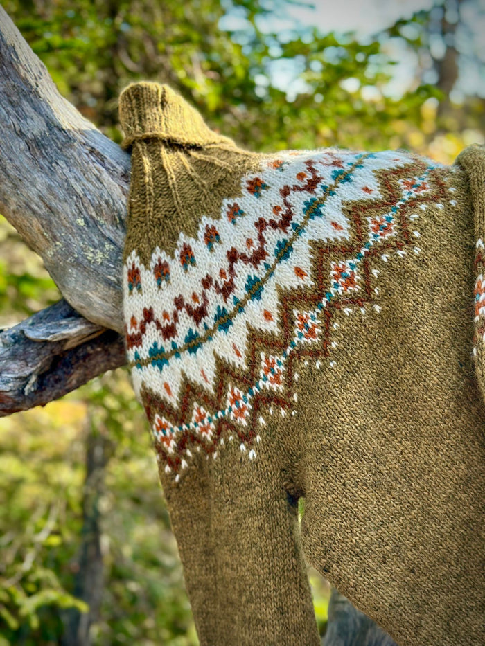 A close-up of a hand-knit sweater draped over a rustic wooden branch outdoors, featuring a brown base with a colorful stranded colorwork circular yoke pattern in cream, rust, teal, and brown.