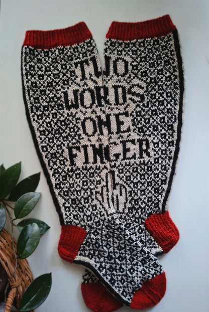 Socks with 'Two Words One Finger' text and red accents on a white background