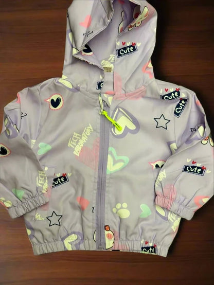 Children's gray jacket with colorful patterns and text