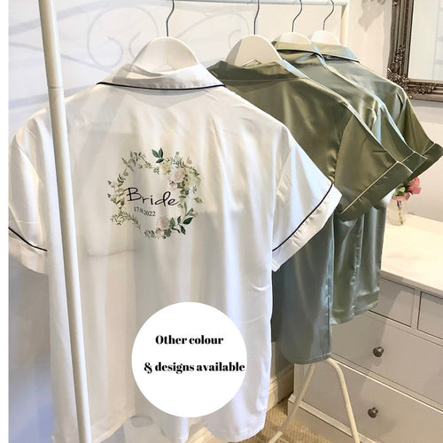 Personalised floral bridesmaid satin pyjamas with custom names and roles