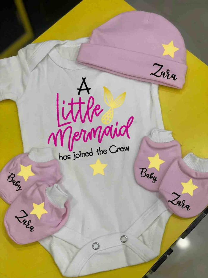 Personalised Romper with Mittens & Cap Set