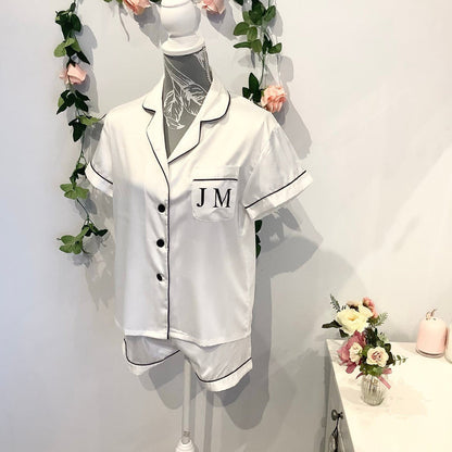 Personalised Satin Bridesmaid PJs, Short Sleeve Pyjamas, Bridal Party Gift, navy silky nightwear