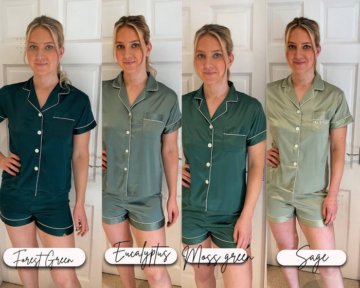 Personalised Satin Bridesmaid PJs, Short Sleeve Pyjamas, Bridal Party Gift, navy silky nightwear