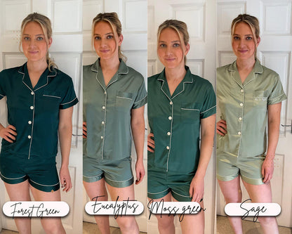 Personalised Satin Bridesmaid PJs, Short Sleeve Pyjamas, Bridal Party Gift, navy silky nightwear