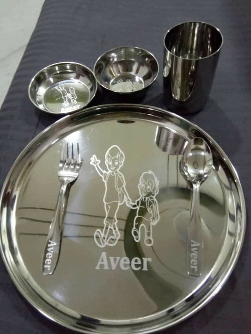 Buy Personalised Stainless Steel Plate, Glass, Bowl, Spoon, and Fork Set – Durable and Customizable Dining Set for Children​