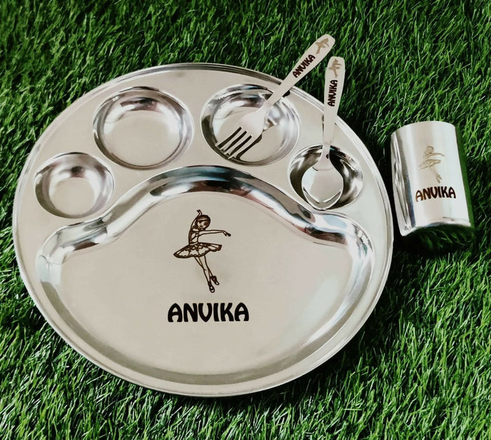Buy Personalised Stainless Steel Plate, Glass, Spoon, and Fork Set – Durable, Safe & Customised Mealtime Set for Kids