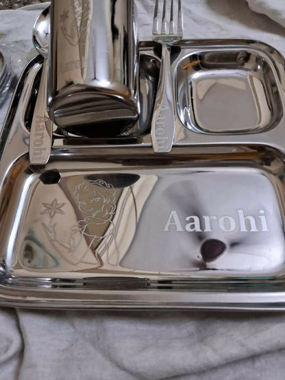 Buy Personalised Stainless Steel Plate, Glass, Spoon and Fork Set – Safe, Durable, and Custom Dining Set for Kids