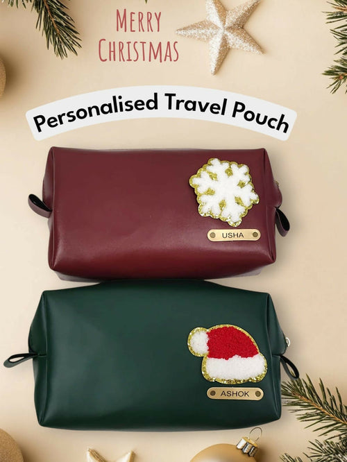 Two personalized travel pouches with festive designs