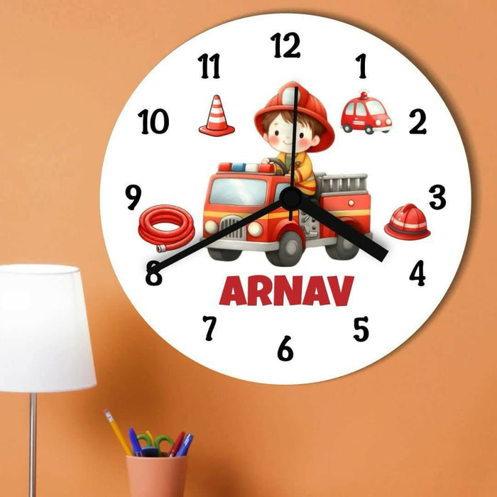 Children's wall clock with a fire truck and firefighter design