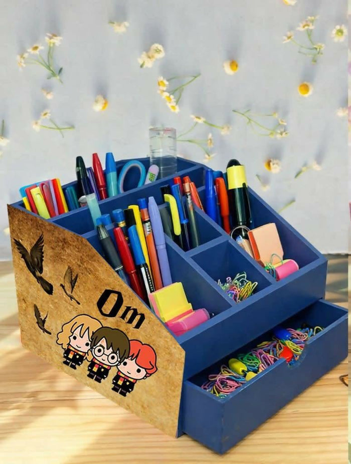 Blue desk organizer with stationery items