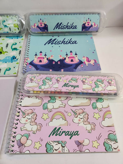 Personalized drawing set for kids featuring customized name detailing and creative art essentials for drawing, coloring, sketching, and fun artistic activities at home or on the go.