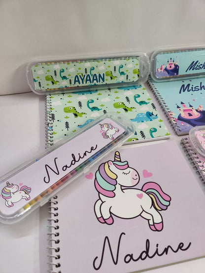 Personalized drawing set for kids featuring customized name detailing and creative art essentials for drawing, coloring, sketching, and fun artistic activities at home or on the go.