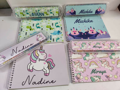 Personalized drawing set for kids featuring customized name detailing and creative art essentials for drawing, coloring, sketching, and fun artistic activities at home or on the go.