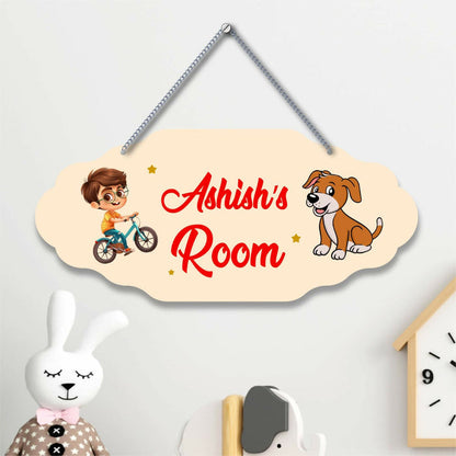 Children's room nameplate with cartoon boy and dog design