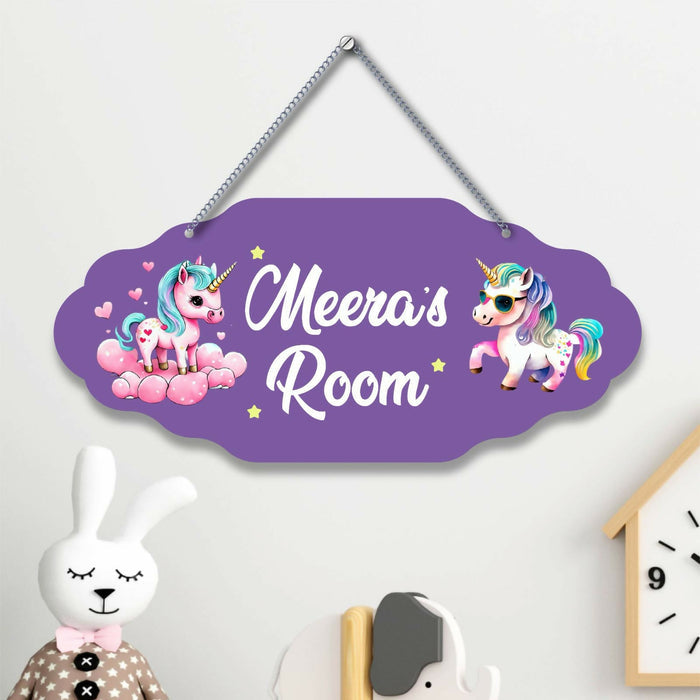 Purple sign with unicorn designs