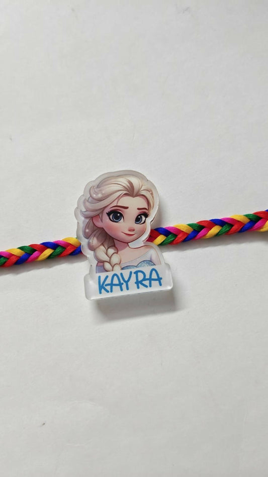 Personalized kids Rakhi featuring a custom name design, soft child-friendly materials, colorful embellishments, and a comfortable thread for celebrating Raksha Bandhan.