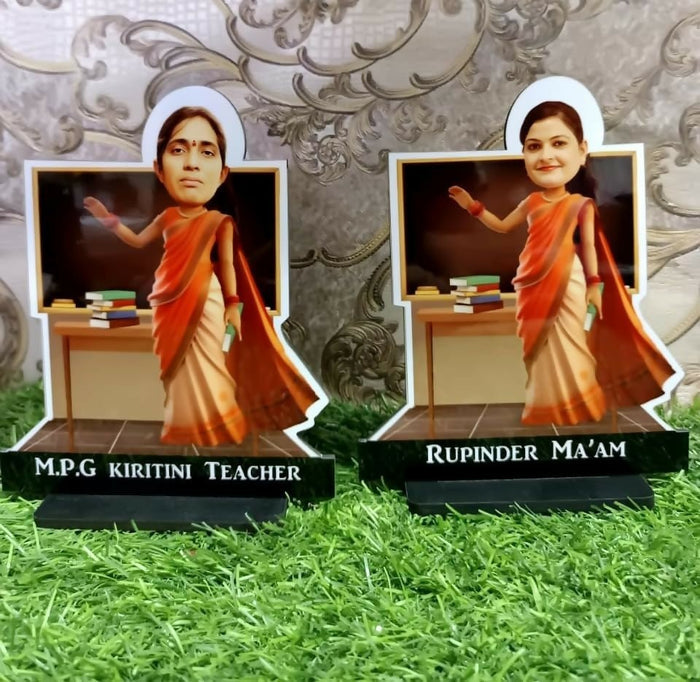 Personalized Teacher Caricature with Base Stand, crafted from 7-inch MDF with custom teacher name and photo-inspired design, perfect as a memorable Teacher’s Day, farewell, or appreciation gift.