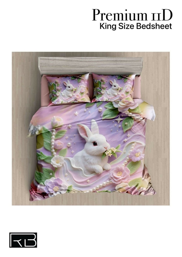 Bunny-themed King Size Bedsheet with floral design