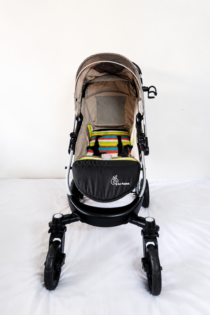 R for Rabbit Chocolate Ride Baby Stroller Pram B122 in Rainbow design with reversible handle, comfortable reclining seat, safety harness, protective canopy, smooth wheels, and foldable frame for everyday baby travel.