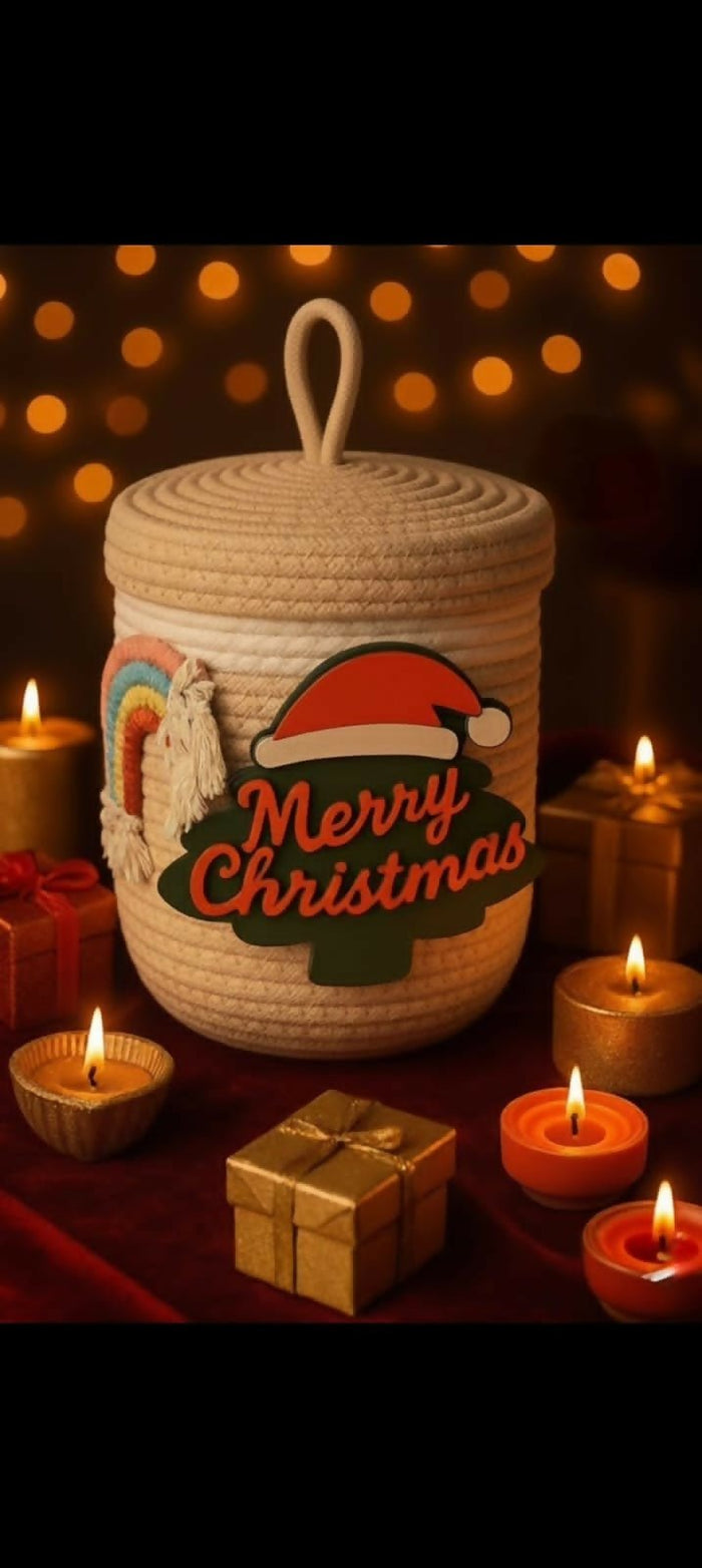 Decorative woven basket with 'Merry Christmas'