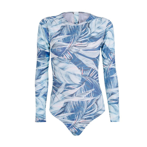Silver Botanical Long Sleeve Back Zip One-Piece Swimsuit