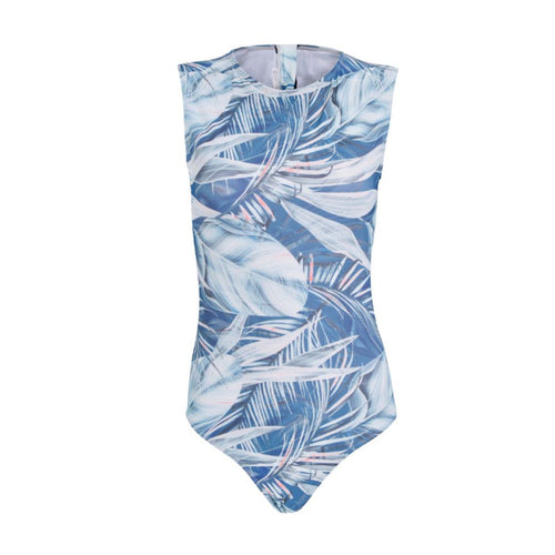 Silver Botanical Sleeveless Back Zip One-Piece Swimsuit