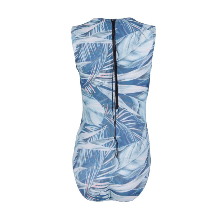 Silver Botanical Sleeveless Back Zip One-Piece Swimsuit