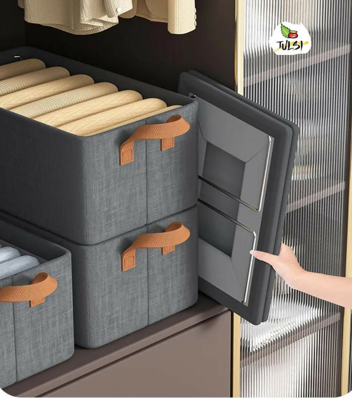Gray storage bins with brown handles on a shelf, featuring the TULSI brand logo.