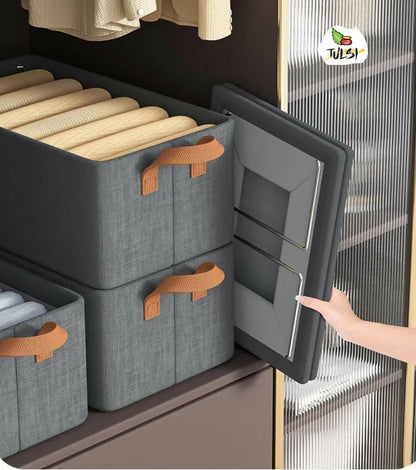 Gray storage bins with brown handles on a shelf, featuring the TULSI brand logo.
